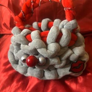 Plush Woven Mini Bag with Red Accent and Lip Patch